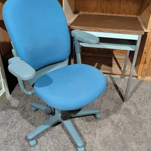 Compact Desk with Woodgrain Top and Blue Fabric Office Chair