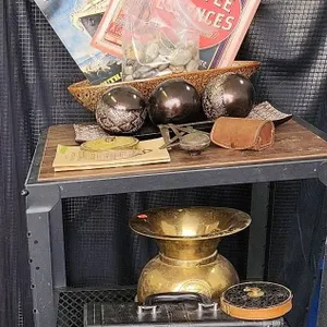 Brass 5¢ Cigars Vase, Vintage- Look Metal Prints, Rolling Shelf and Other Decor