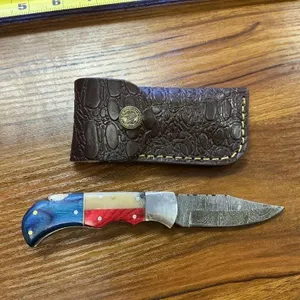 Hand Forged Damascus Folding Knife w/ Leather Case