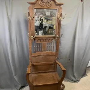 C1910 Oak Hall Seat w Mirror & Hooks