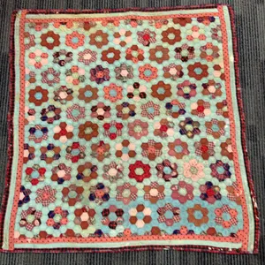 Hand-Sewn Patchwork Quilt With Hexagonal Floral Pattern, Early 20th Century, 32 x 30 Inches Approxim
