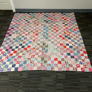 Circa 1930s-1940s Patchwork Quilt Top Hand-Pieced, unfinished Multicolored Cotton Prints, 84 x 77 In