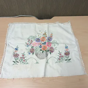 Hand-Embroidered Linen Pillowcase With Colorful Floral Basket Motif And Crochet Trim