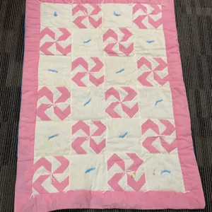 Handmade Pink and White Patchwork Quilt, Blue Backing and Knotted Ties