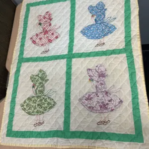 Patchwork Quilt with Sunbonnet Sue Appliqué, Four Panels, Hand-Embroidered, Approx. 22x27 Inches
