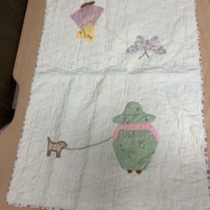 Handmade Appliqué Quilt Baby Blanket with Sunbonnet and Dog, Floral Trim, c. 20th Century