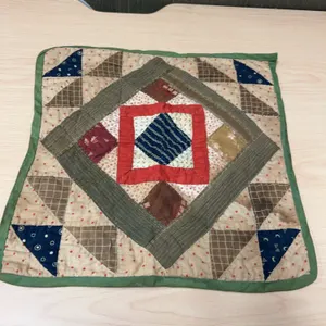 Handmade American Patchwork Mini Quilt, Geometric Pattern with Green Border, Circa Late 19th/Early 2