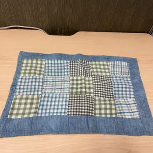 Handmade Small Patchwork Quilt Mat with Checked Patterns, Approx. 12.5" x 17.5" Blue Border, Cotton