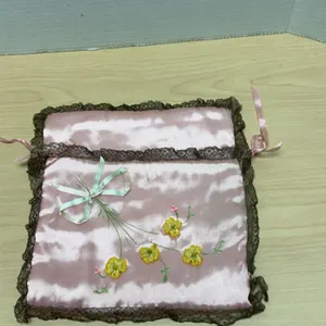 Pink Satin and Lace Pouch with Embroidered Yellow Flowers and Ribbon Bow, 9.5 x 8 Inches Approximate