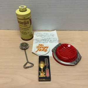 Eclectic Collection: Desenex Powder, Red Egg Slicer, Vintage Note, No Longer Alone Pin, Egg Timer, U