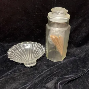 Clear Glass Hexagonal Jar With Lid and Shell-Shaped Glass Dish, Includes Wood Sticks Inside