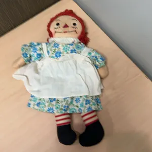 Raggedy Ann Cloth Doll with Red Yarn Hair, Blue Floral Dress, and Apron, 15 Inch Height, Mid-20th Ce
