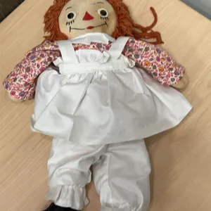 Raggedy Ann Cloth Doll with Red Yarn Hair, Floral Dress, and White Apron