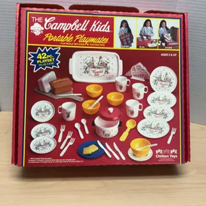 1992 Campbell Kids Portable Playmates 42-Piece Plastic Toy Dish Set by Chilton Toys with Original Bo