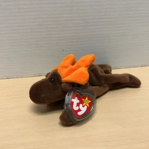 Ty Beanie Baby Chocolate the Moose Plush Toy, 1993, Brown with Orange Antlers, Original Tag Intact,