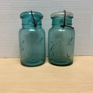 Ball IDEAL Aqua Glass Canning Jars With Wire Bails and Glass Lids, Numbered 6 and 9 Bases, Circa Ear