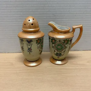 Hand Painted Japan Porcelain Creamer and Shaker Set, Floral and Gilt Accents, c. 1920s-30s, 4.5 in.