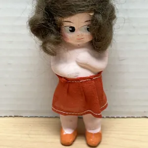 Early 20th Century Bisque Porcelain Doll with Orange Cloth Skirt and Shoes, Made in Germany, 5 Inche