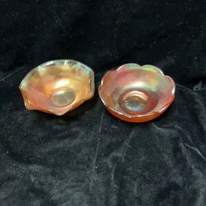 Marigold Iridescent Carnival Glass Bowls with Ruffled Edges, Early 20th Century, 5-Inch Diameter