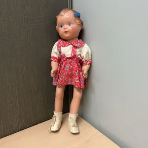 Mid-20th Century 16-Inch Composition Girl Doll with Floral Dress and Shoes, Blue Bow Accent, Unmarke