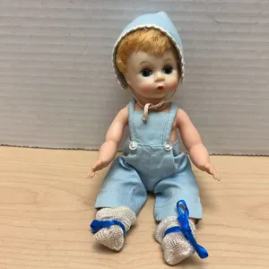 Vintage 8-Inch Hard Plastic Baby Doll with Blonde Hair, Blue Overalls, Bonnet, and Booties Outfit ci