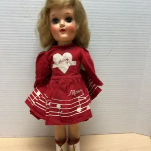 Mid-20th Century Composition Doll in Red 'Mary' Dress with Musical Notes, Molded Blonde Hair, 16 Inc