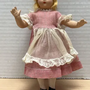 Madame Alexander Hard Plastic Doll, Blond Hair, Red Checked Dress With Lace Trim and Apron Marked Ba