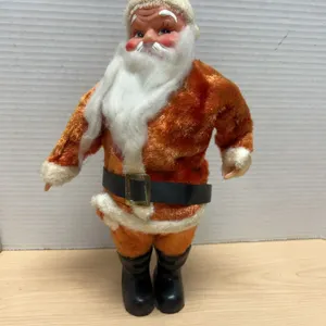 Mid-20th Century Santa Claus Figure with Flocked Suit, Marked 'Japan' and 'Patent Pending' on Boots,