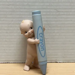 Enesco 1992 Kewpie Bisque Porcelain Figurine Holding Blue Crayon Marked Rose O'Neill