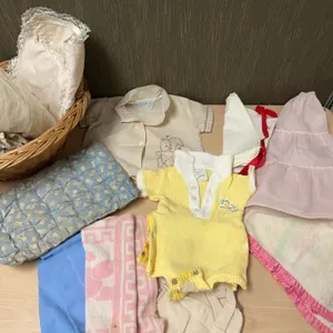 Mid-20th Century Baby Clothing and Textiles With Basket, Nannette Blouse, and Vintage Blankets