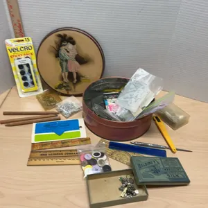 Sewing and Craft Supplies With Howard Chandler Christy Tin, Belding’s Embroidery Silk, Rulers, Faste