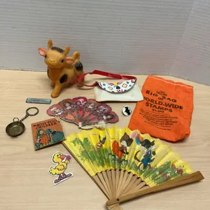 Childhood Memorabilia: Rubber Cow, World Stamps, Fan, Bat Pin, Cards, Purse, and Trinkets Collection