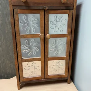 Wooden Wall Cabinet With Drawer and Decorative Punched Tin Panels, 20 Inches High, 13 Inches Wide, 6