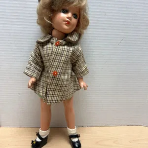 Mid-20th Century Hard Plastic Doll in Plaid Coat, Green Dress, and Black Shoes, Approximately 15 Inc