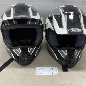 2 GMAX GM6X Off-Road Motorcycle Helmets, Size XXL and XL, Black/White/Grey Graphic