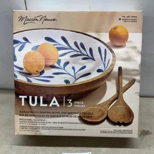 Maison Neuve Tula 3-Piece Mango Wood Serving Bowl and Utensils Set, 17.3" Bowl, 13" Utensils