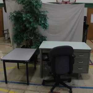 Metal Desk, Chair, Small Table & Artificial Tree