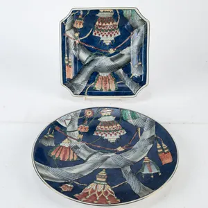 Vintage Chinoiserie Cobalt Blue Porcelain Plate Set