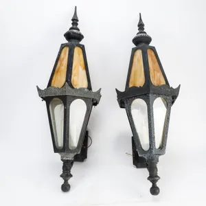 Pair of Gothic Revival Wall Mounted Exterior Slag Glass Lanterns
