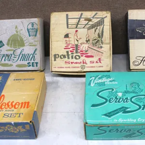 Five Boxed Glass and Ceramic Snack Sets