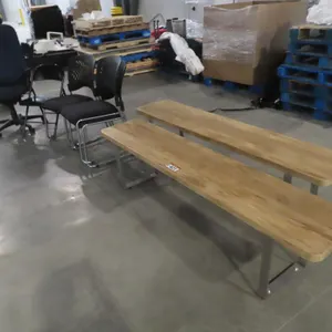 Lot - (2) Wood Top Benches, HB Blue Office Arm Chair, (3) Sled Chairs, (1) Stacking Chair.