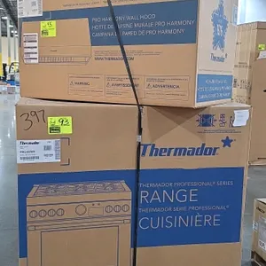Thermador kitchen package including model PRG366WH 36" stainless steel 6-burner natural gas range with bottom oven (S/N: 395110296105012540) and model