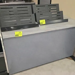 58" lower laminate cabinet. Features a gray textured front and sides with a gray wood-grain laminate countertop. Features an open-back design with 3 i