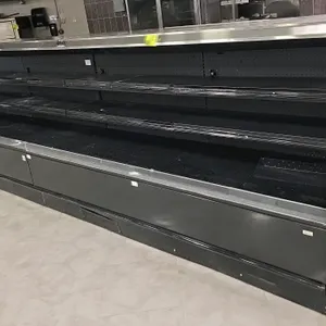Barker 16'L open multideck display case lineup. Consists of two 8' sections. Features black interior and exterior, adjustable shelving, and integrated