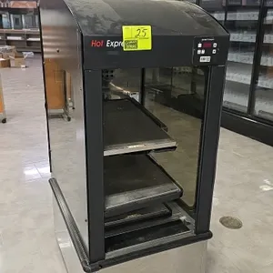 Henny Penny EPC-200 portable 3-tier hot food express case. Features 3 heated shelves, glass side panels, and a digital control panel. Electrical: 208V