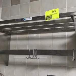 M&E Mfg. Co., Inc. wall-mounted stainless steel rack. Features a slatted top shelf and a lower bar with sliding hooks. NSF certified. 40" x 15".