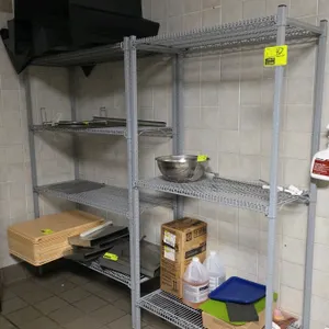 Metal wire shelving racks. Includes (2) grey epoxy-coated wire shelving units with adjustable shelves. Dimensions: 37" to 49"W x 18"D x 72"H. Contents