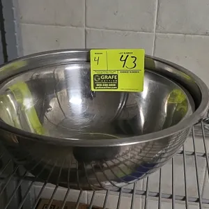 Stainless steel mixing bowl set. Includes three 12" bowls and one 13" bowl. Features stainless steel construction with rolled rims. Shelving shown in 