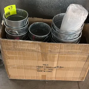 PMJC T1004S galvanized metal flower pots. Features a variety of assorted sizes of metal planters and buckets equipped with wire side handles. Includes