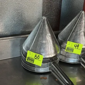 Stainless steel cone sifter. Features perforated stainless steel construction, an integrated handle, and support hooks for resting on pots or containe